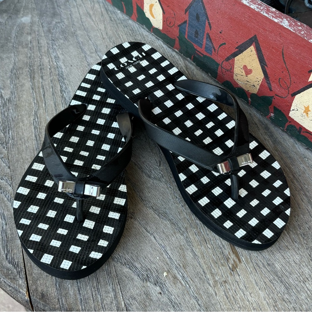 Coach Amel Sandals Flop‎ Flops Gingham Silver Bow